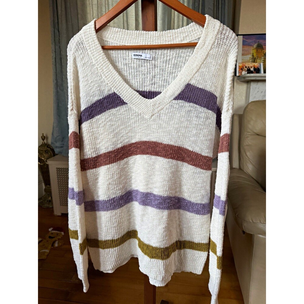 Sonoma Women’s L Ivory Striped Knit Pullover Sweater V-Neck Long Sleeve